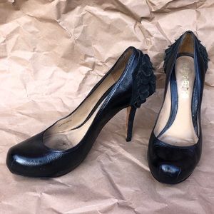 Black Round Toe Platform Heels with Ruffles